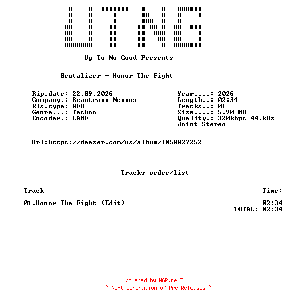NFO for the release Brutalizer_-_Honor_The_Fight_(Edit)-SINGLE-WEB-2026-UTNG by UTNG