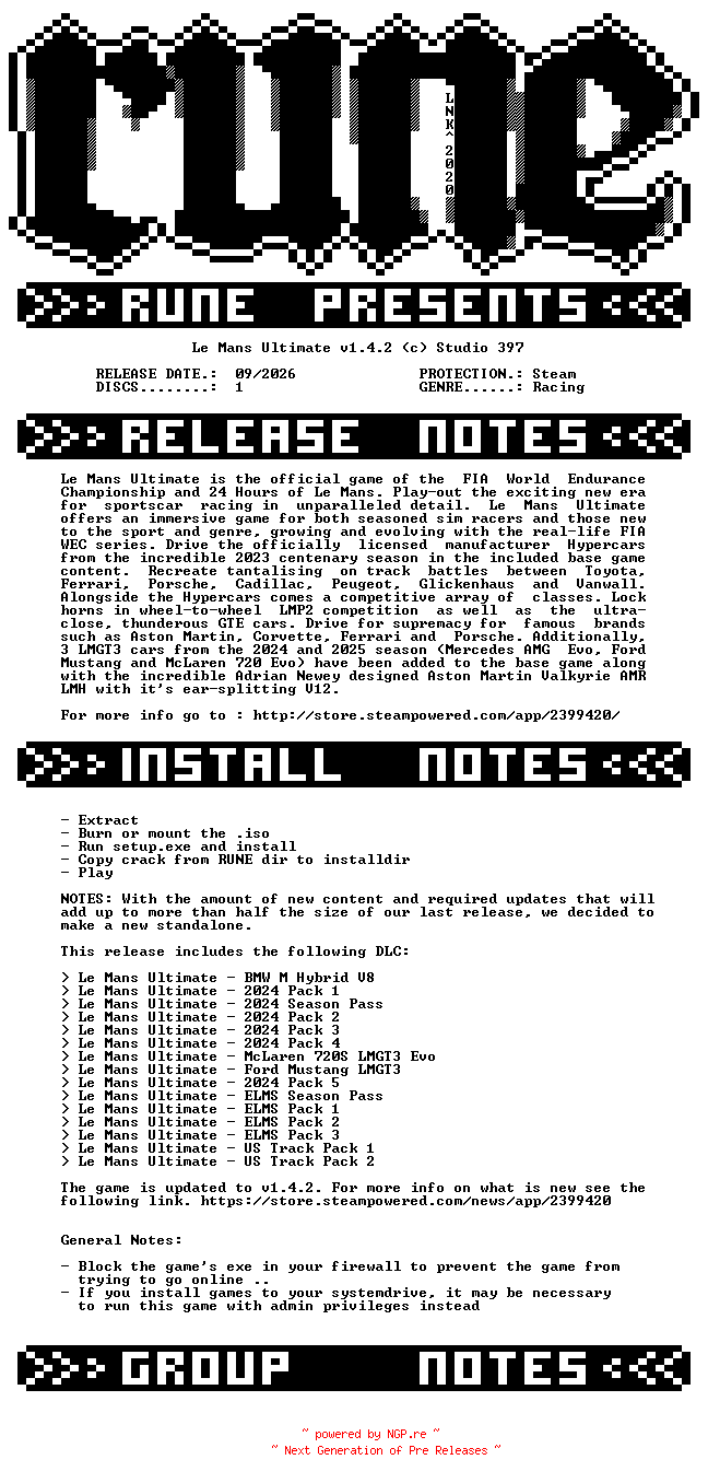 NFO for the release Le.Mans.Ultimate.v1.4.2-RUNE by RUNE