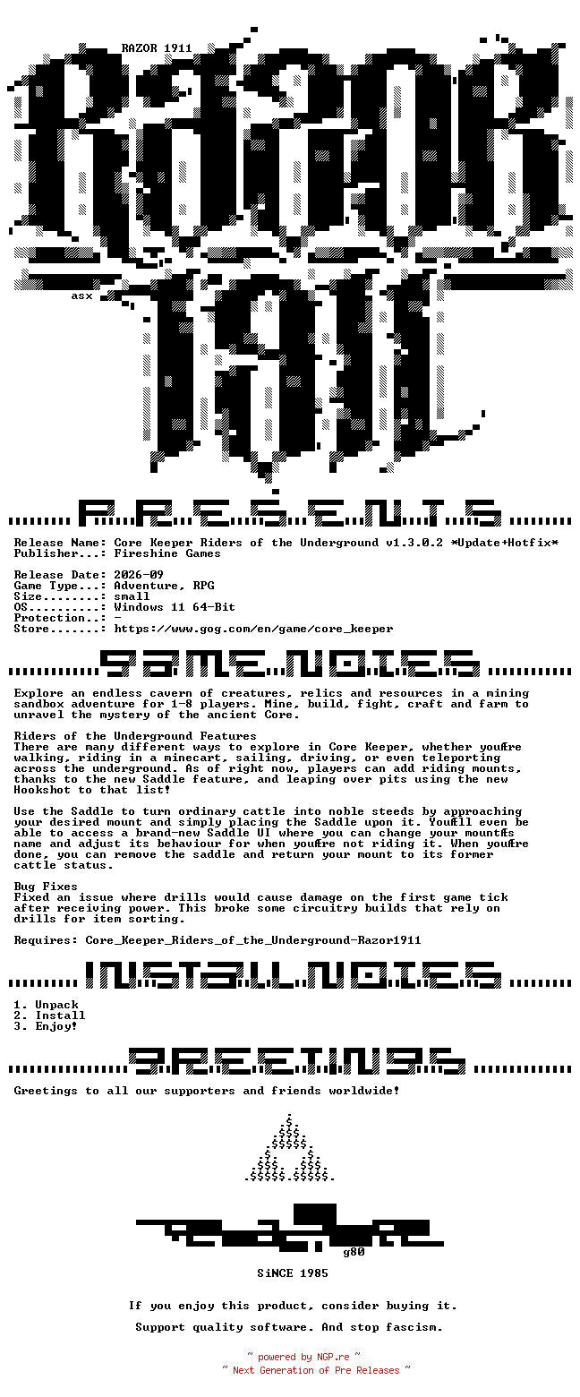 NFO for the release Core_Keeper_Riders_of_the_Underground_Update_v1.3.0.2_Hotfix-RazorDOX by RazorDOX