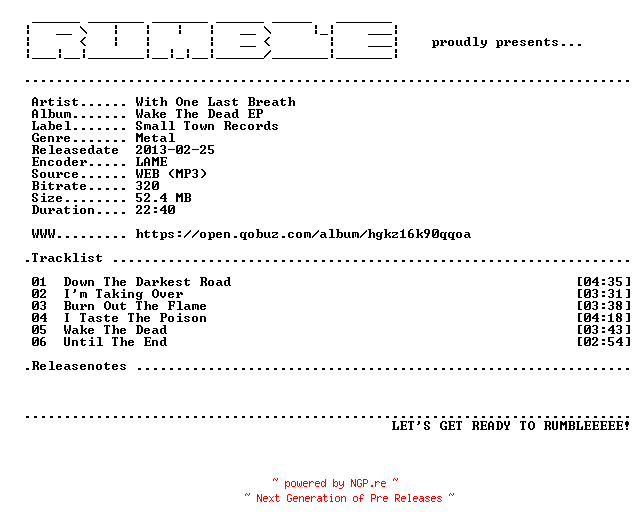 NFO for the release With_One_Last_Breath-Wake_The_Dead_EP-(WEB)-2013-RUMBLE by RUMBLE
