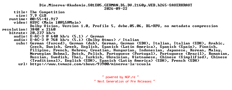 NFO for the release Die.Minerva-Akademie.S01E05.GERMAN.DL.DV.2160p.WEB.h265-SAUERKRAUT by SAUERKRAUT