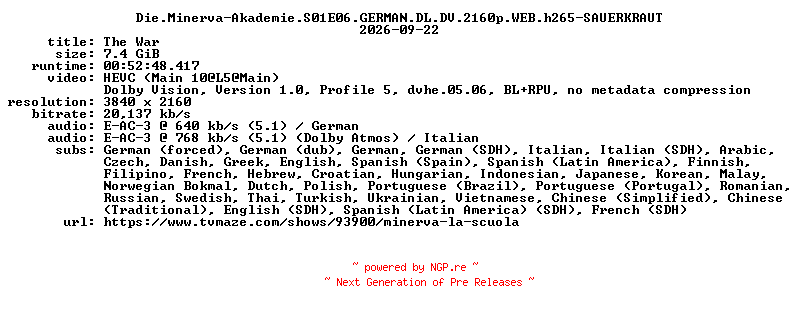 NFO for the release Die.Minerva-Akademie.S01E06.GERMAN.DL.DV.2160p.WEB.h265-SAUERKRAUT by SAUERKRAUT