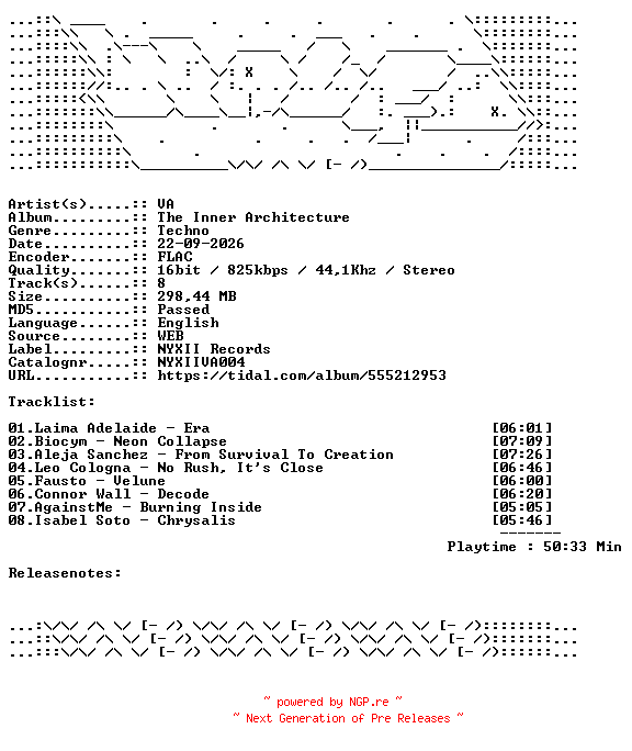 NFO for the release VA-The_Inner_Architecture-NYXIIVA004-16BIT-WEB-FLAC-2026-WAVED by WAVED