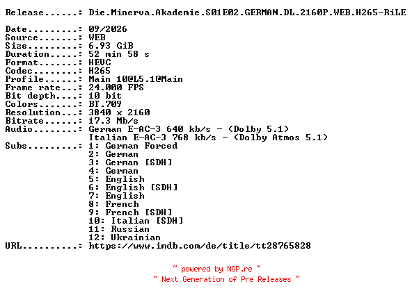 NFO for the release Die.Minerva.Akademie.S01E02.GERMAN.DL.2160P.WEB.H265-RiLE by RiLE