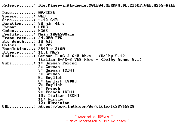 NFO for the release Die.Minerva.Akademie.S01E04.GERMAN.DL.2160P.WEB.H265-RiLE by RiLE