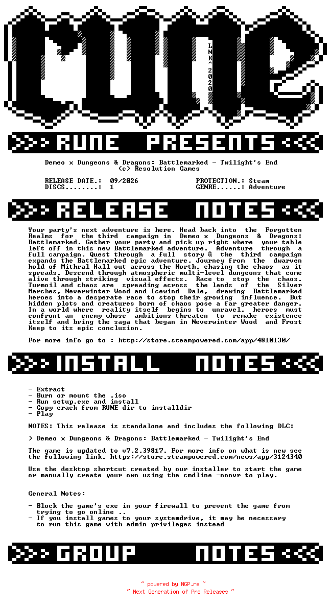 NFO for the release Demeo.x.Dungeons.and.Dragons.Battlemarked.Twilights.End-RUNE by RUNE