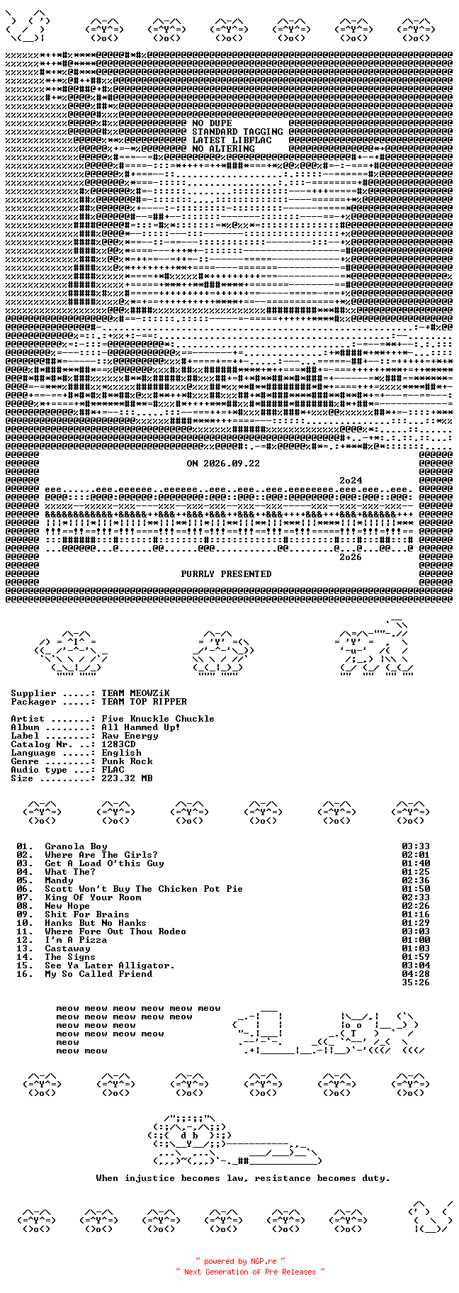 NFO for the release Five_Knuckle_Chuckle--All_Hammed_Up-CD-FLAC-1997-MEOWZiK by MEOWZiK