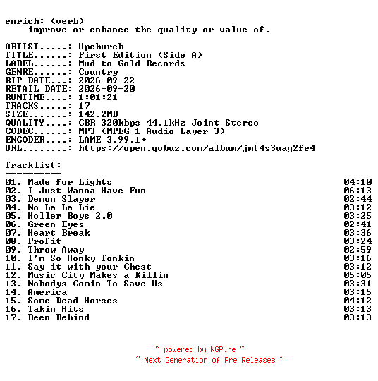 NFO for the release Upchurch-First_Edition_(Side_A)-WEB-2026-ENRiCH by ENRiCH