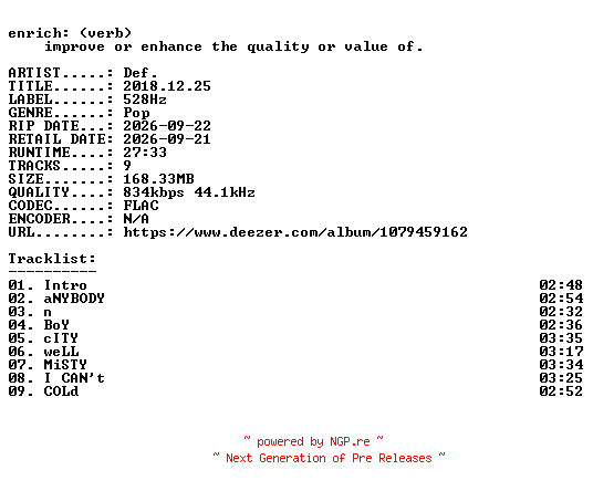 NFO for the release Def.-2018.12.25-KR-16BIT-WEB-FLAC-2026-ENRiCH by ENRiCH