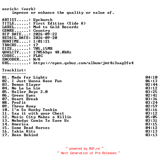 NFO for the release Upchurch-First_Edition_(Side_A)-24BIT-WEB-FLAC-2026-ENRiCH by ENRiCH