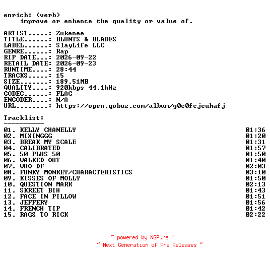NFO for the release Zukenee-BLUNTS_and_BLADES-16BIT-WEB-FLAC-2026-ENRiCH by ENRiCH
