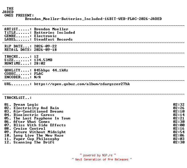 NFO for the release Brendon_Moeller-Batteries_Included-16BIT-WEB-FLAC-2026-JADED by JADED