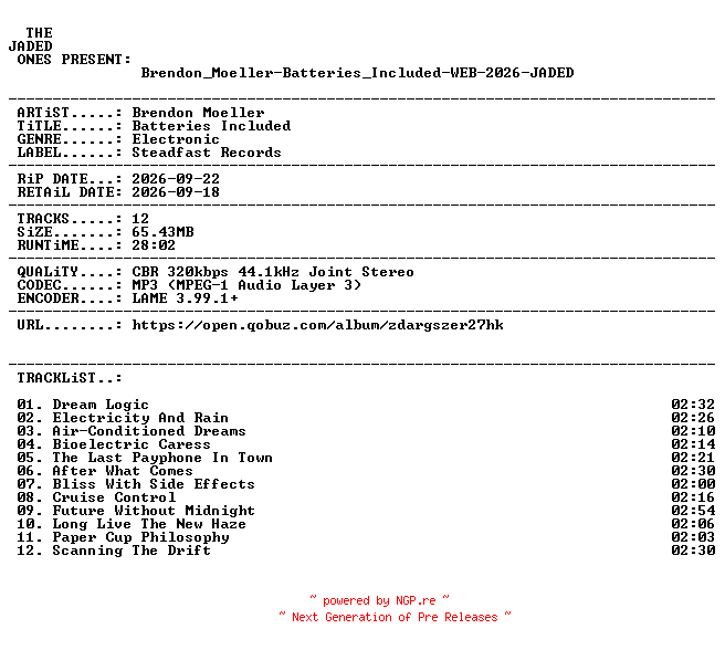 NFO for the release Brendon_Moeller-Batteries_Included-WEB-2026-JADED by JADED