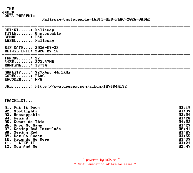 NFO for the release Kalisway-Unstoppable-16BIT-WEB-FLAC-2026-JADED by JADED