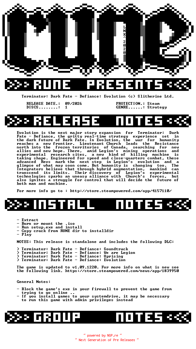 NFO for the release Terminator.Dark.Fate.Defiance.Evolution-RUNE by RUNE