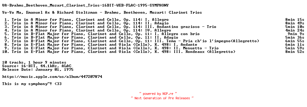 NFO for the release VA-Brahms_Beethoven_Mozart_Clarinet_Trios-16BIT-WEB-FLAC-1995-SYMPHONY by SYMPHONY