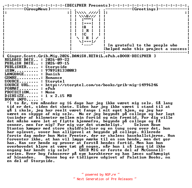 NFO for the release Ginger.Scott.Grib.Mig.2026.DANiSH.RETAiL.ePub.eBOOK-DECiPHER by DECiPHER