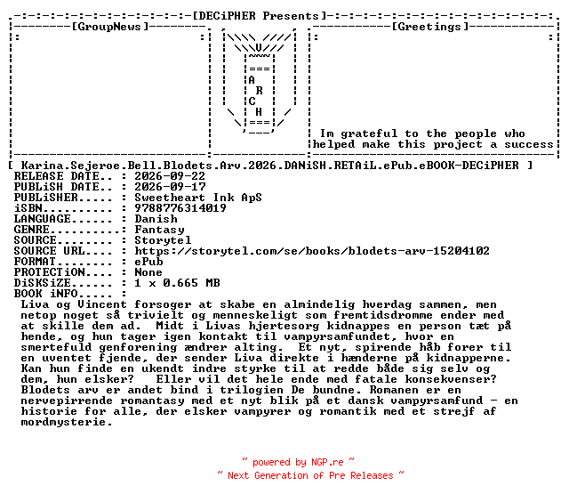 NFO for the release Karina.Sejeroe.Bell.Blodets.Arv.2026.DANiSH.RETAiL.ePub.eBOOK-DECiPHER by DECiPHER
