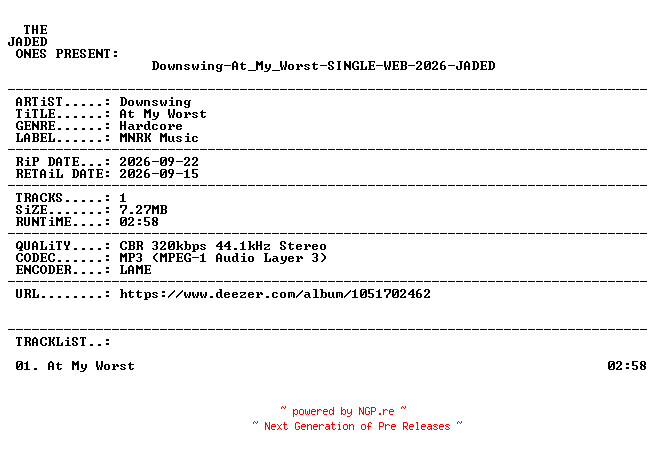 NFO for the release Downswing-At_My_Worst-SINGLE-WEB-2026-JADED by JADED