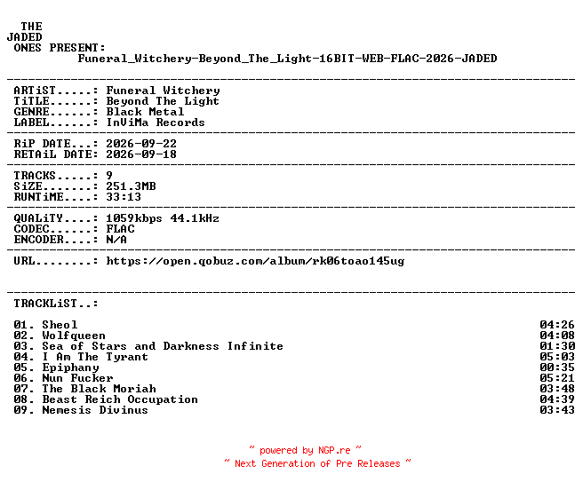 NFO for the release Funeral_Witchery-Beyond_The_Light-16BIT-WEB-FLAC-2026-JADED by JADED
