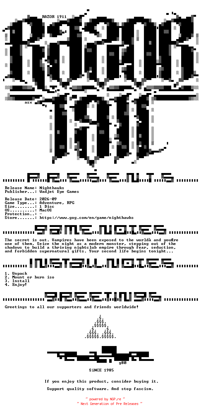 NFO for the release Nighthawks_MacOS-Razor1911 by Razor1911