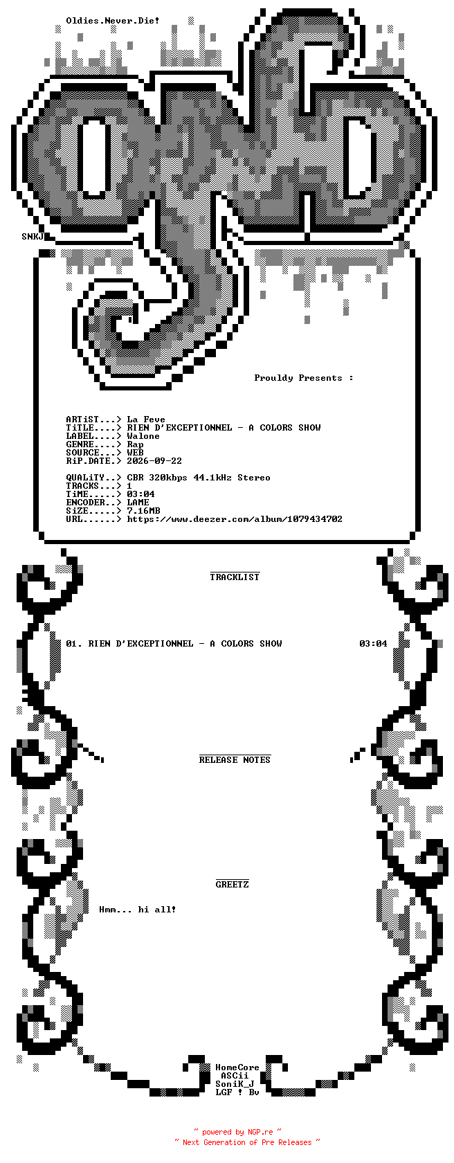 NFO for the release La_Feve-RIEN_DEXCEPTIONNEL__A_COLORS_SHOW-SINGLE-WEB-FR-2026-OND by OND