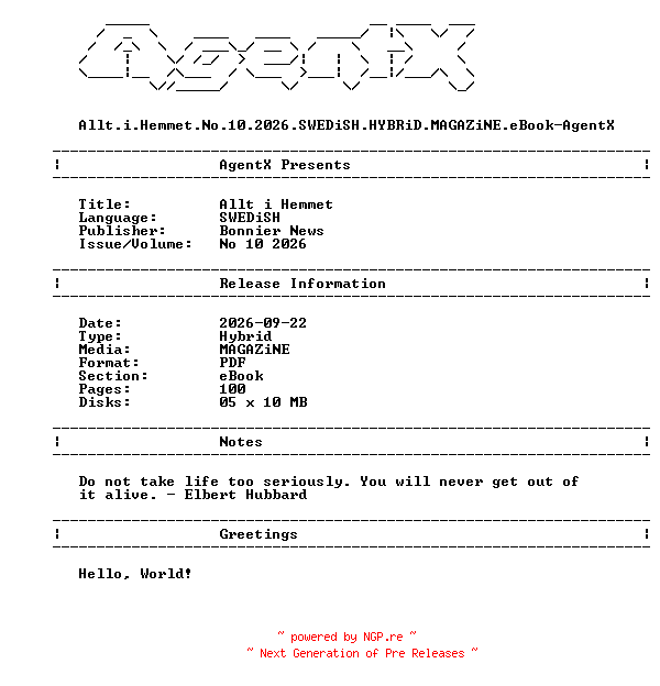NFO for the release Allt.i.Hemmet.No.10.2026.SWEDiSH.HYBRiD.MAGAZiNE.eBook-AgentX by AgentX