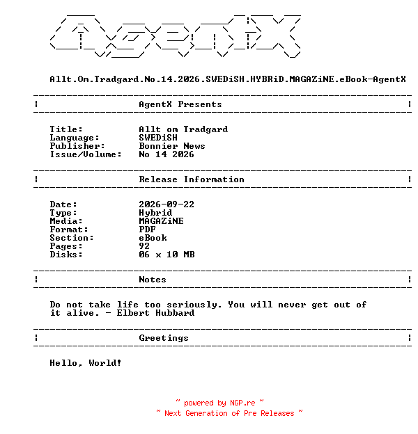 NFO for the release Allt.Om.Tradgard.No.14.2026.SWEDiSH.HYBRiD.MAGAZiNE.eBook-AgentX by AgentX