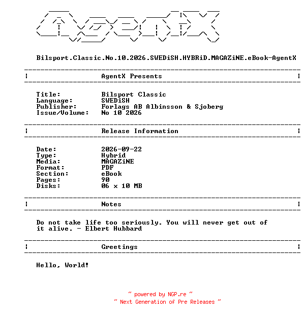 NFO for the release Bilsport.Classic.No.10.2026.SWEDiSH.HYBRiD.MAGAZiNE.eBook-AgentX by AgentX