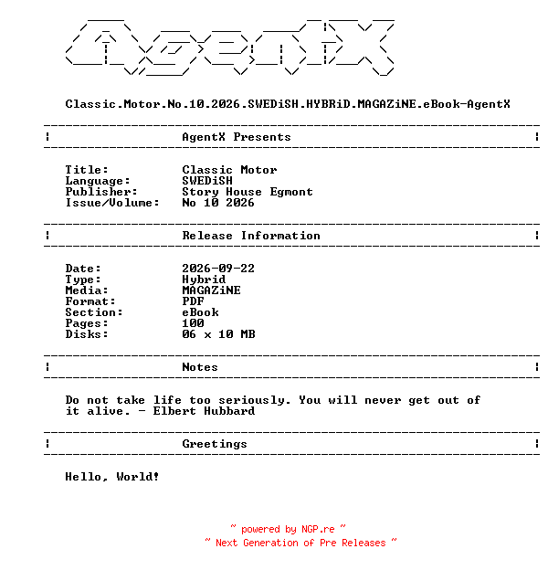 NFO for the release Classic.Motor.No.10.2026.SWEDiSH.HYBRiD.MAGAZiNE.eBook-AgentX by AgentX