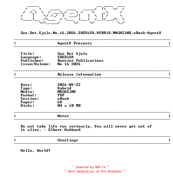 NFO for the release Gor.Det.Sjalv.No.16.2026.SWEDiSH.HYBRiD.MAGAZiNE.eBook-AgentX by AgentX