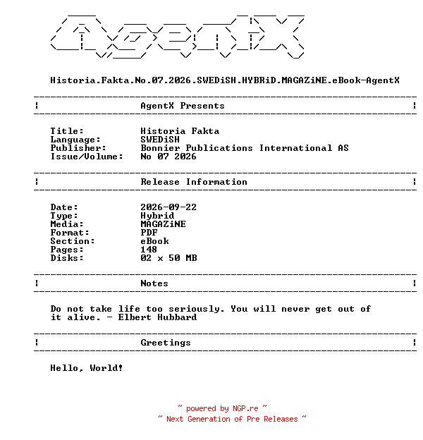NFO for the release Historia.Fakta.No.07.2026.SWEDiSH.HYBRiD.MAGAZiNE.eBook-AgentX by AgentX