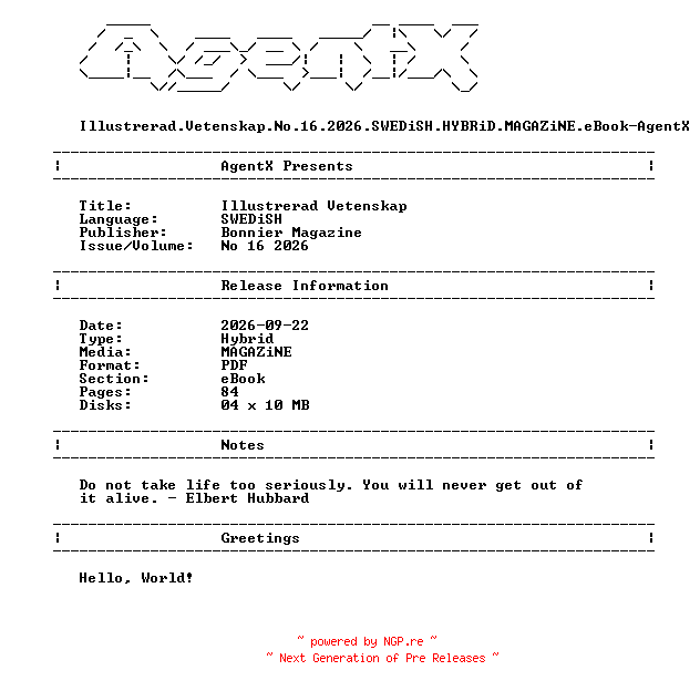 NFO for the release Illustrerad.Vetenskap.No.16.2026.SWEDiSH.HYBRiD.MAGAZiNE.eBook-AgentX by AgentX