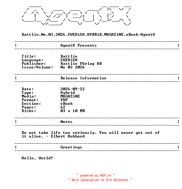 NFO for the release Kattliv.No.03.2026.SWEDiSH.HYBRiD.MAGAZiNE.eBook-AgentX by AgentX