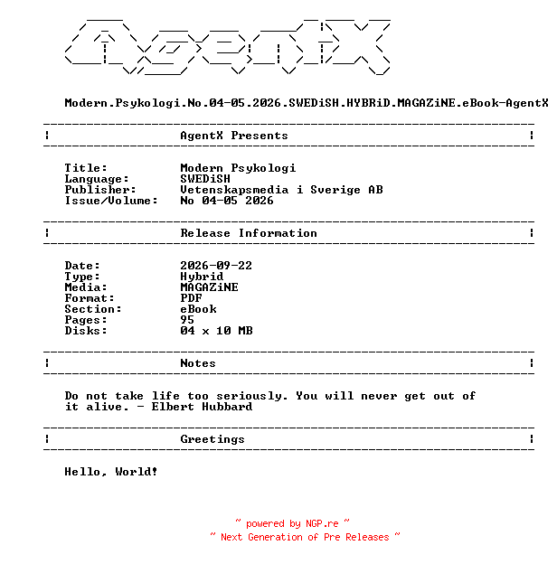 NFO for the release Modern.Psykologi.No.04-05.2026.SWEDiSH.HYBRiD.MAGAZiNE.eBook-AgentX by AgentX