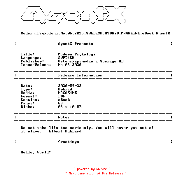 NFO for the release Modern.Psykologi.No.06.2026.SWEDiSH.HYBRiD.MAGAZiNE.eBook-AgentX by AgentX