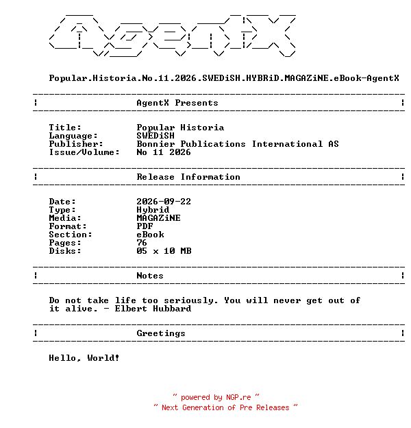 NFO for the release Popular.Historia.No.11.2026.SWEDiSH.HYBRiD.MAGAZiNE.eBook-AgentX by AgentX