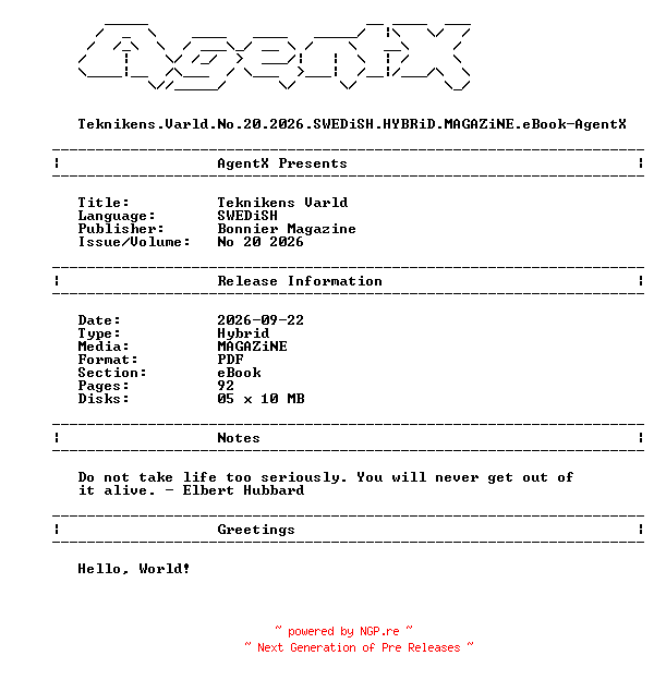 NFO for the release Teknikens.Varld.No.20.2026.SWEDiSH.HYBRiD.MAGAZiNE.eBook-AgentX by AgentX