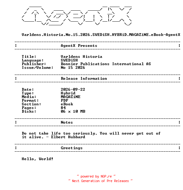 NFO for the release Varldens.Historia.No.15.2026.SWEDiSH.HYBRiD.MAGAZiNE.eBook-AgentX by AgentX