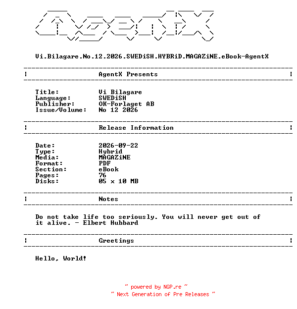 NFO for the release Vi.Bilagare.No.12.2026.SWEDiSH.HYBRiD.MAGAZiNE.eBook-AgentX by AgentX