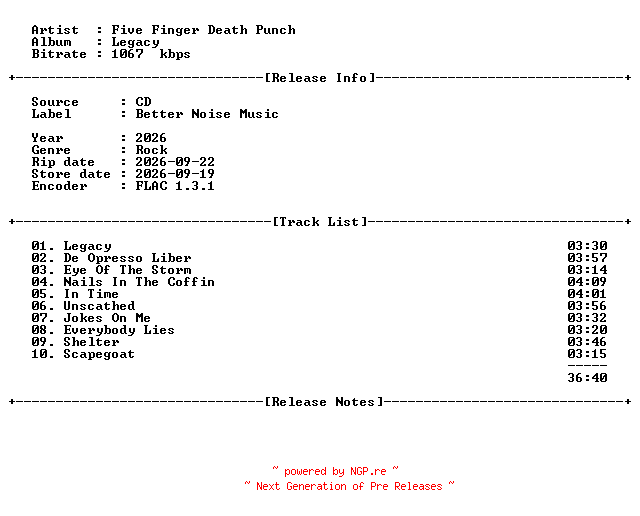 NFO for the release Five_Finger_Death_Punch-Legacy-CD-FLAC-2026-BOCKSCAR by BOCKSCAR