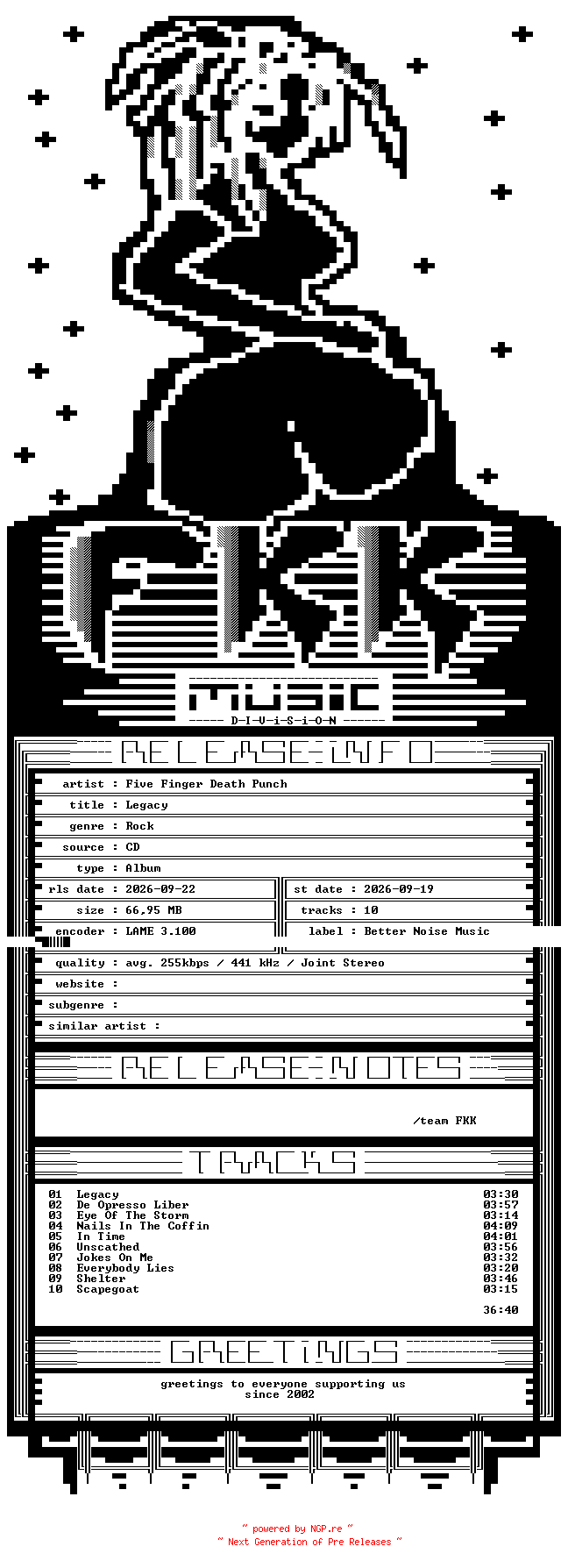 NFO for the release Five_Finger_Death_Punch_-_Legacy-2026-FKK by FKK