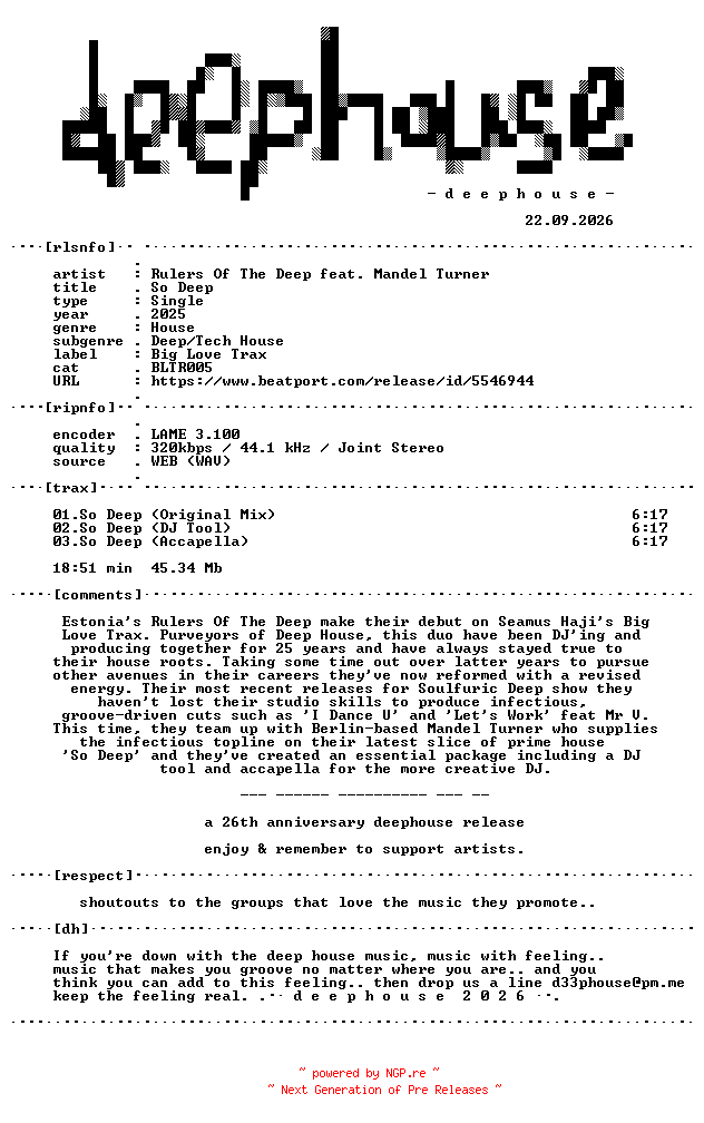 NFO for the release Rulers_Of_The_Deep_feat_Mandel_Turner--So_Deep-(BLTR005)-WEB-2025-dh by dh
