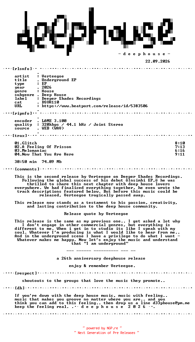 NFO for the release Verteegoe--Underground_EP-(DSOH110)-WEB-2026-dh by dh