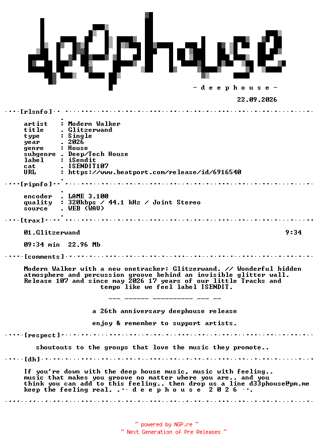 NFO for the release Modern_Walker--Glitzerwand-(ISENDIT107)-SINGLE-WEB-2026-dh by dh