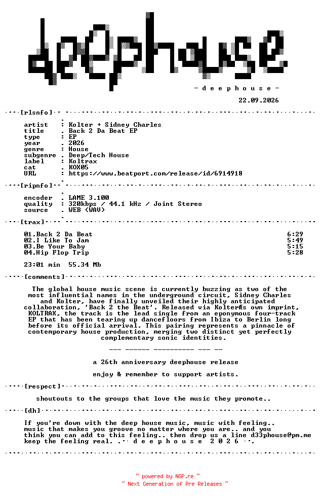 NFO for the release Kolter_plus_Sidney_Charles--Back_2_Da_Beat_EP-(KOX05)-WEB-2026-dh by dh