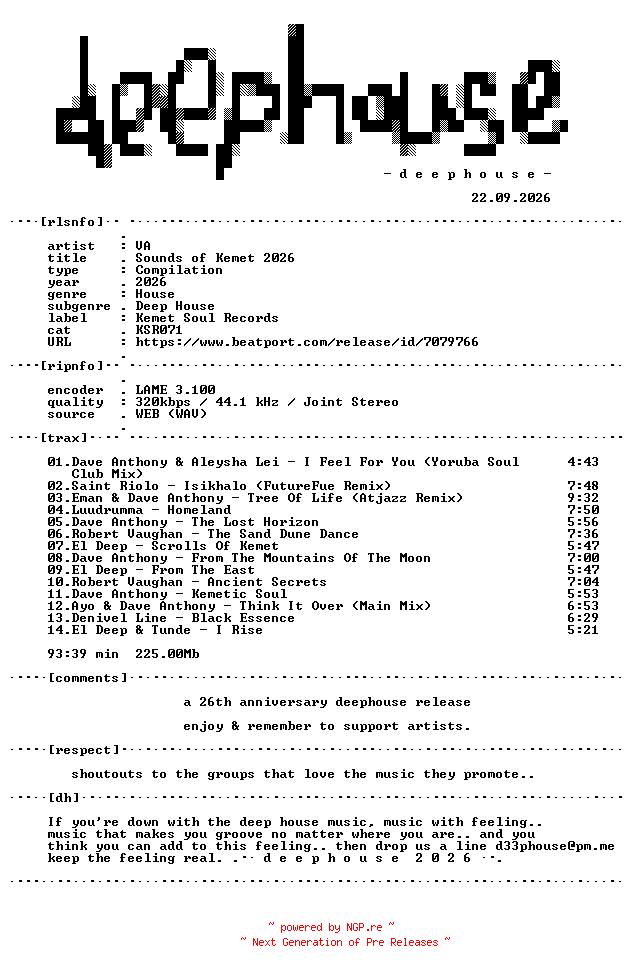 NFO for the release VA-Sounds_Of_Kemet_2026-(KSR071)-WEB-2026-dh by dh