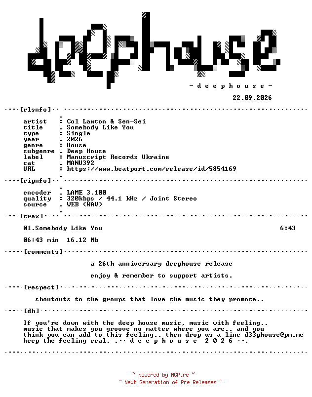 NFO for the release Col_Lawton_and_Sen-Sei--Somebody_Like_You-(MANU392)-SINGLE-WEB-2026-dh by dh