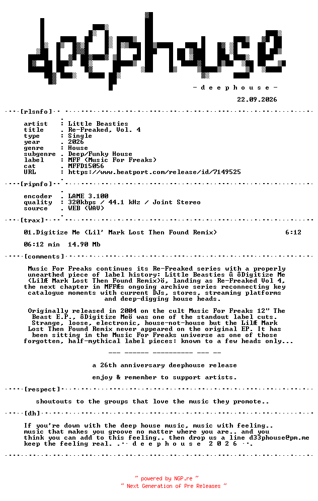 NFO for the release Little_Beasties--Re-Freaked_Vol_4-(MFFD15056)-SINGLE-WEB-2026-dh by dh