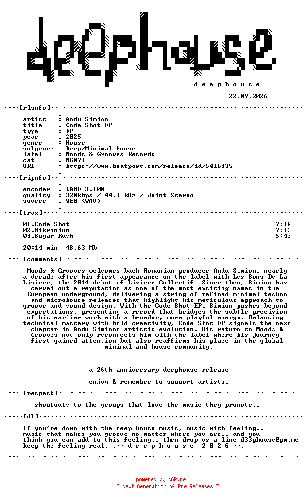 NFO for the release Andu_Simion--Code_Shot_EP-(MG071)-WEB-2025-dh by dh